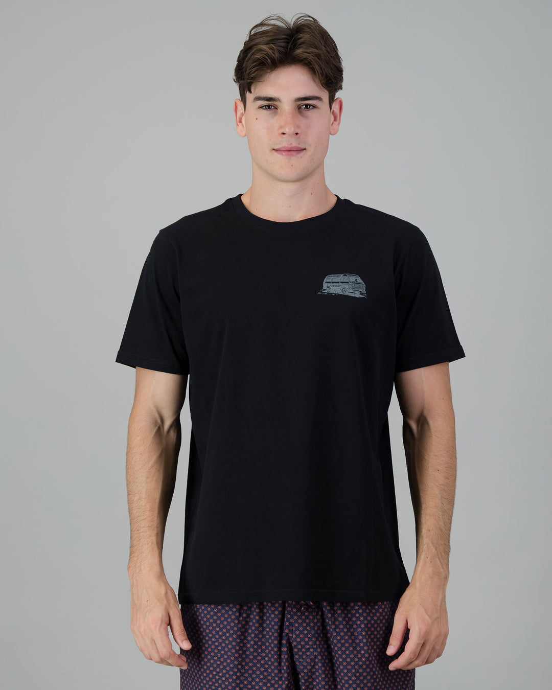 Mens T-Shirt - Dark Grey Campers on Black Front - Woodstock Laundry