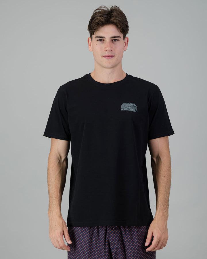 Mens T-Shirt - Dark Grey Campers on Black Front - Woodstock Laundry