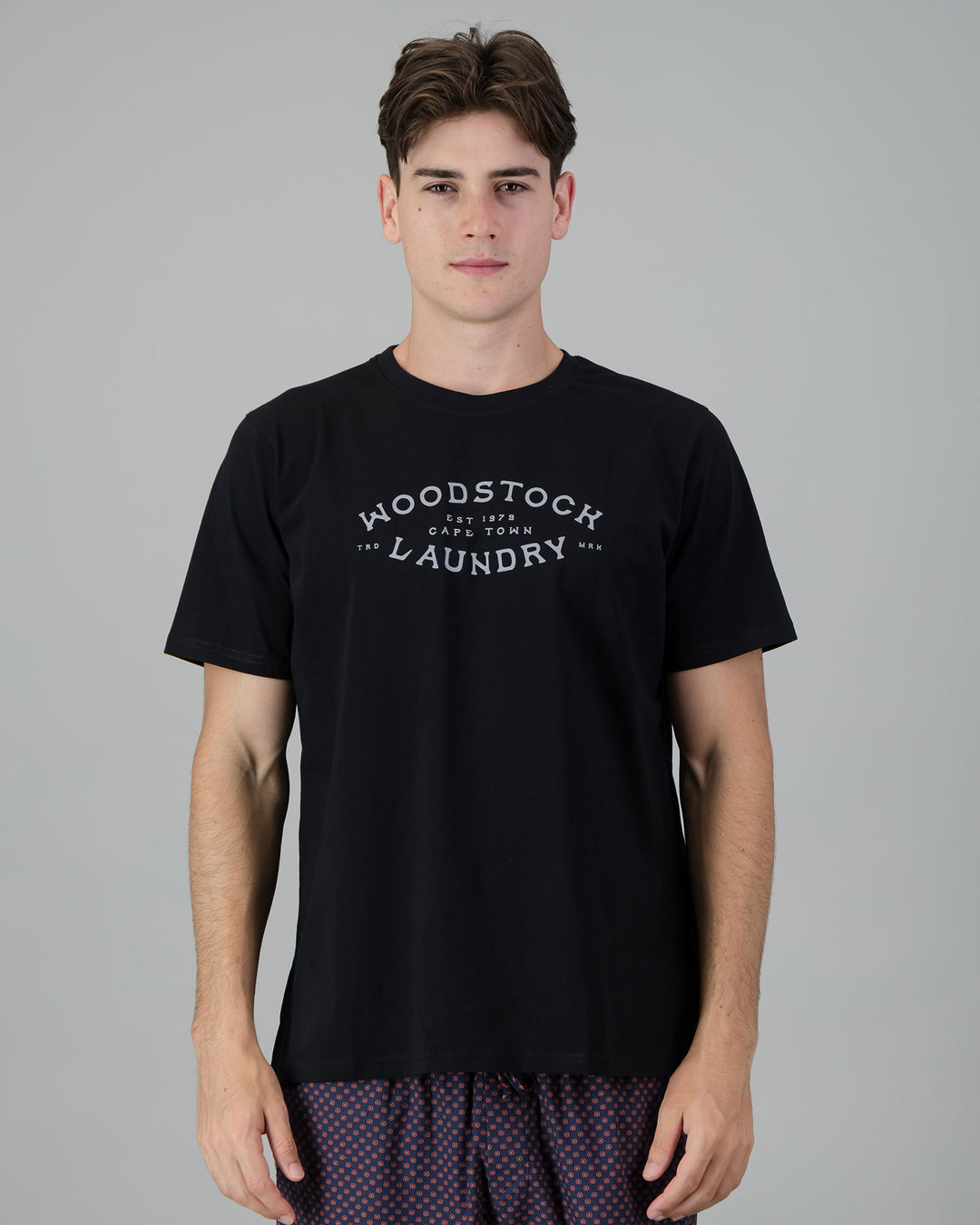 Mens T-Shirt - Warm Grey Hipster on Black Front - Woodstock Laundry