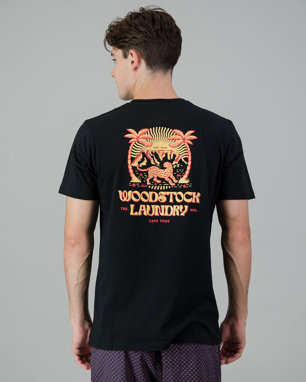 Mens T-Shirt - Red Leopard on Black Back - Woodstock Laundry
