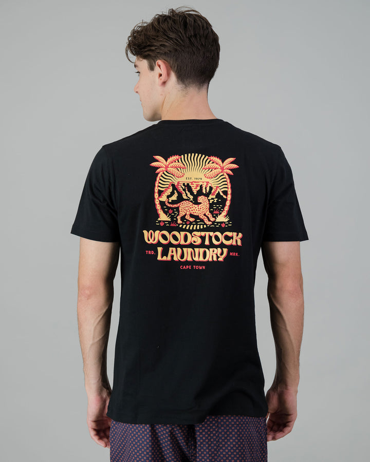 Mens T-Shirt - Red Leopard on Black Back - Woodstock Laundry