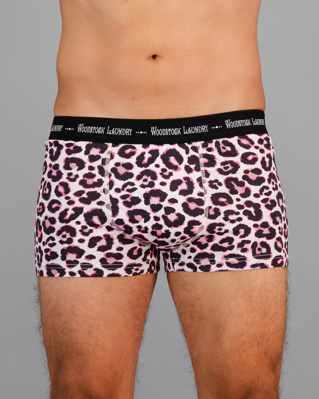 Mens Boxer Briefs Leopard Skin Pink Front - Woodstock Laundry