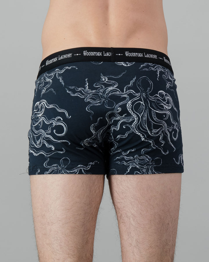 Mens Boxer Briefs - White Mini Octopus on Black Back - Woodstock Laundry