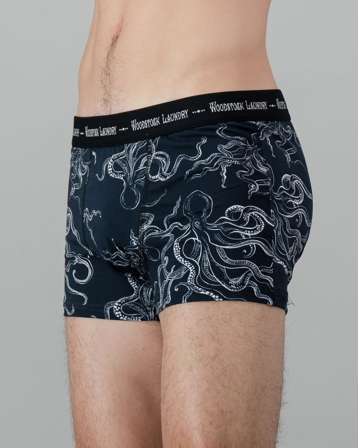 Mens Boxer Briefs - White Mini Octopus on Black Front - Woodstock Laundry
