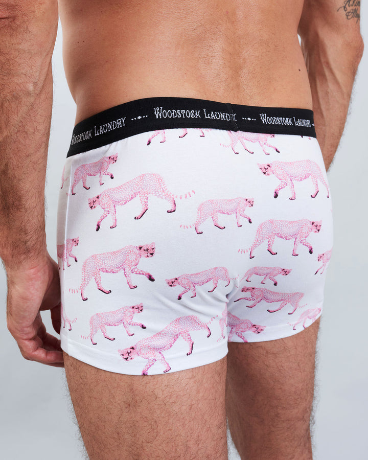 Mens Boxer Briefs - Pink Cheetahs on White Back - Woodstock Laundry