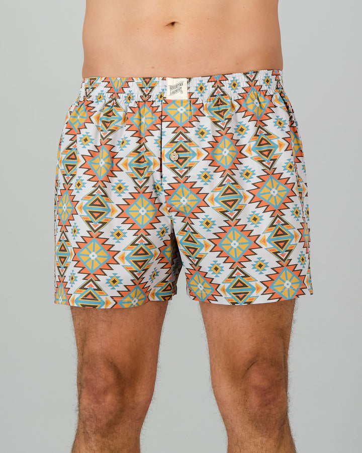 Mens Boxer Shorts - Aztec Off White Front  - Woodstock Laundry