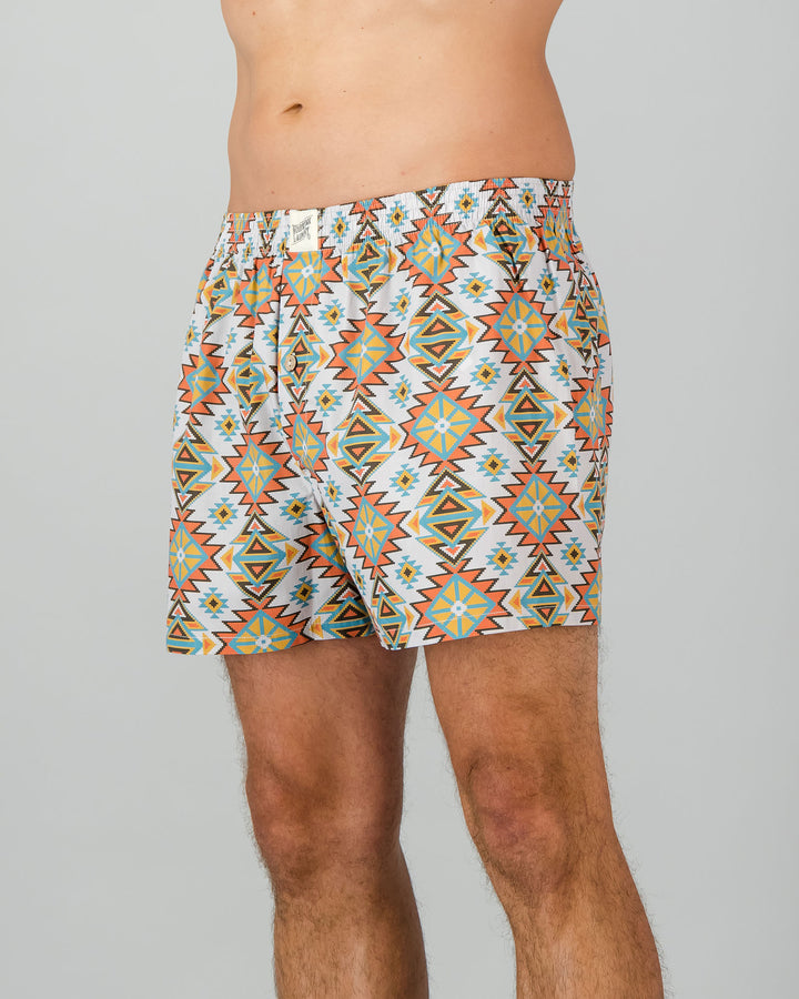 Mens Boxer Shorts - Aztec Off White Side  - Woodstock Laundry