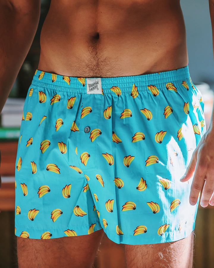 Mens Boxer Shorts - Bananas on Blue Lifestyle - Woodstock Laundry
