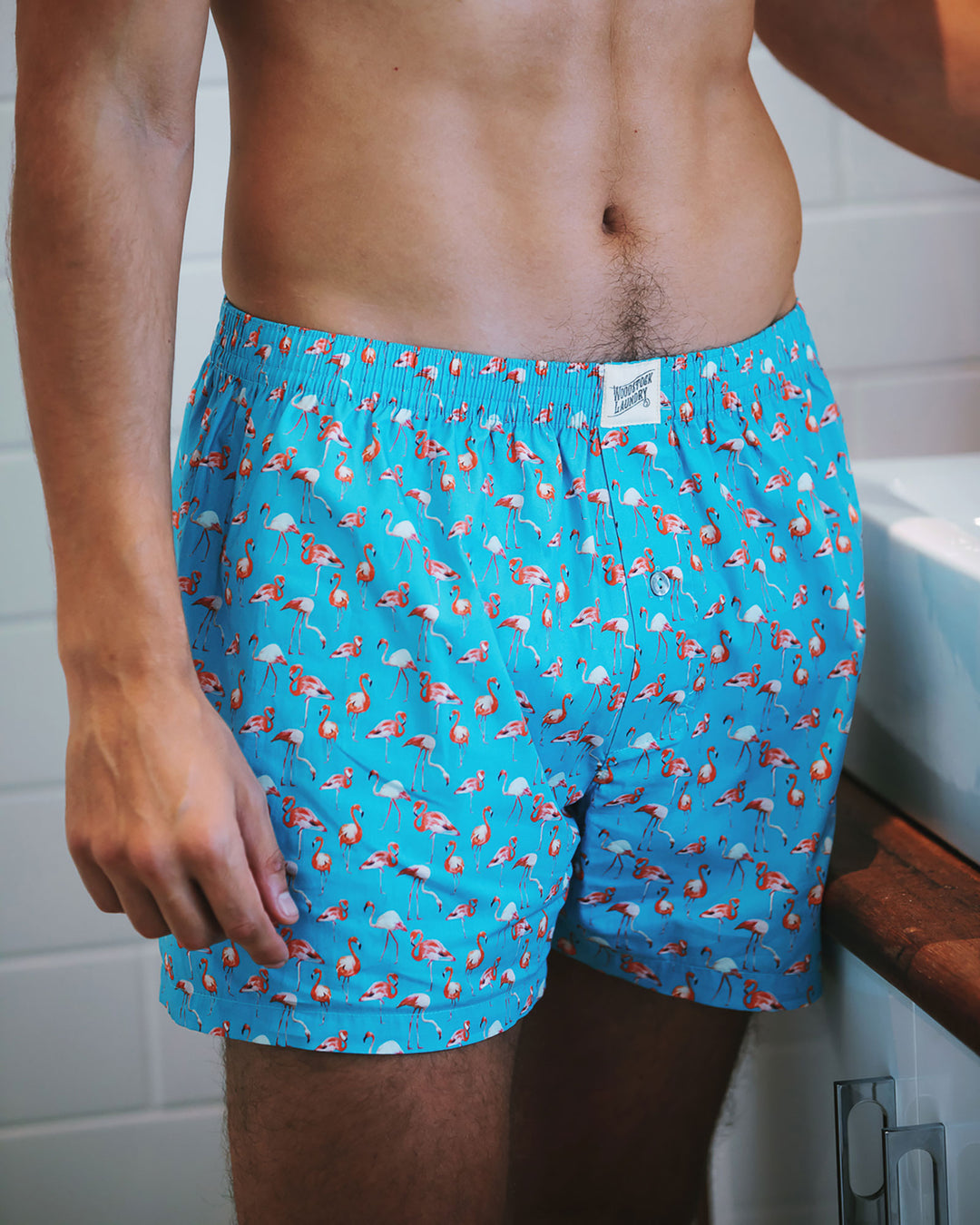 Mens Boxer Shorts - Pink Flamenco on Blue Lifestyle - Woodstock Laundry