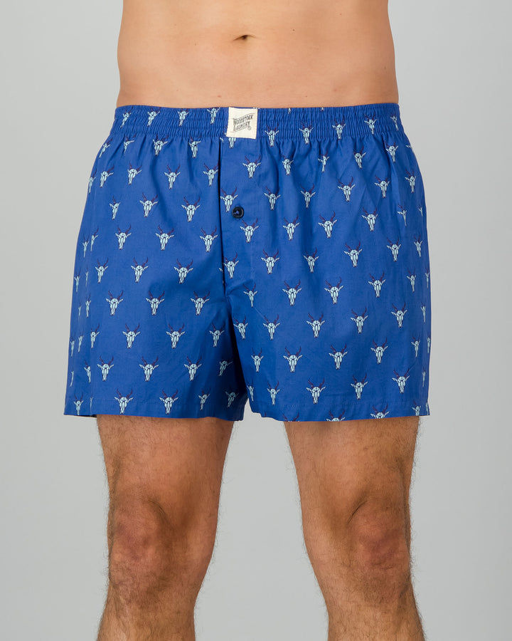Mens Boxer Shorts - Eland Heads on Blue Front - Woodstock Laundry