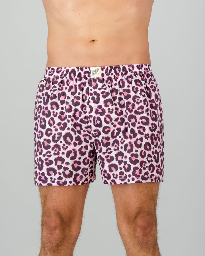 Mens Boxer Shorts Leopard Skin Pink Front - Woodstock Laundry
