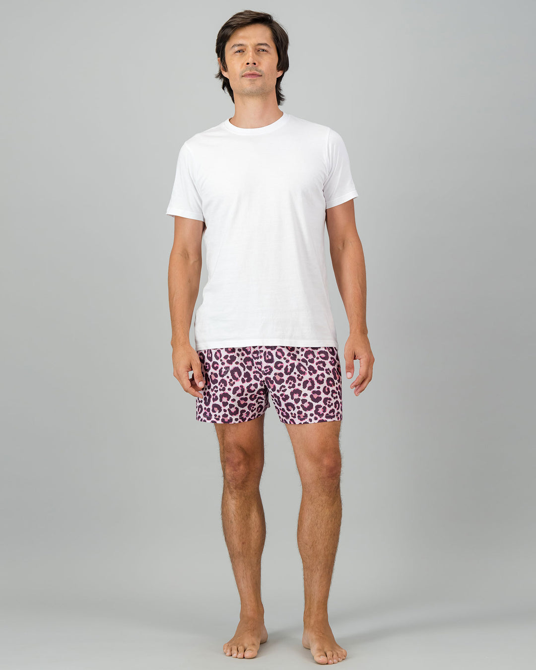 Mens Boxer Shorts Leopard Skin Pink Full Body Front - Woodstock Laundry