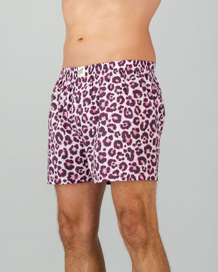 Mens Boxer Shorts Leopard Skin Pink Side - Woodstock Laundry