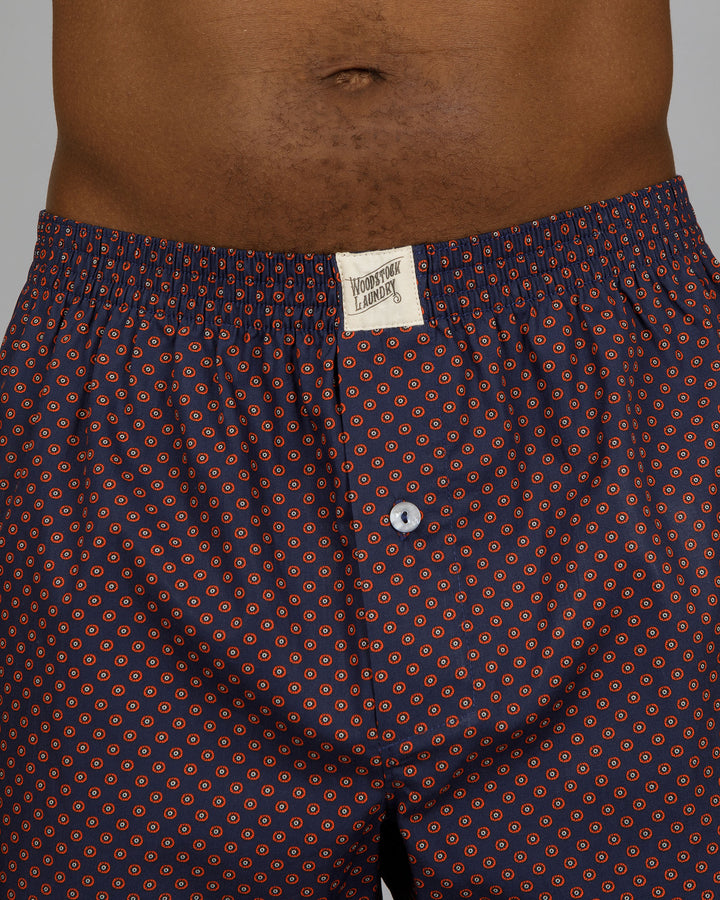 Mens Boxer Shorts Poppy On Navy Close - Woodstock Laundry