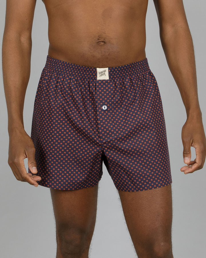 Mens Boxer Shorts Poppy On Navy Front - Woodstock Laundry