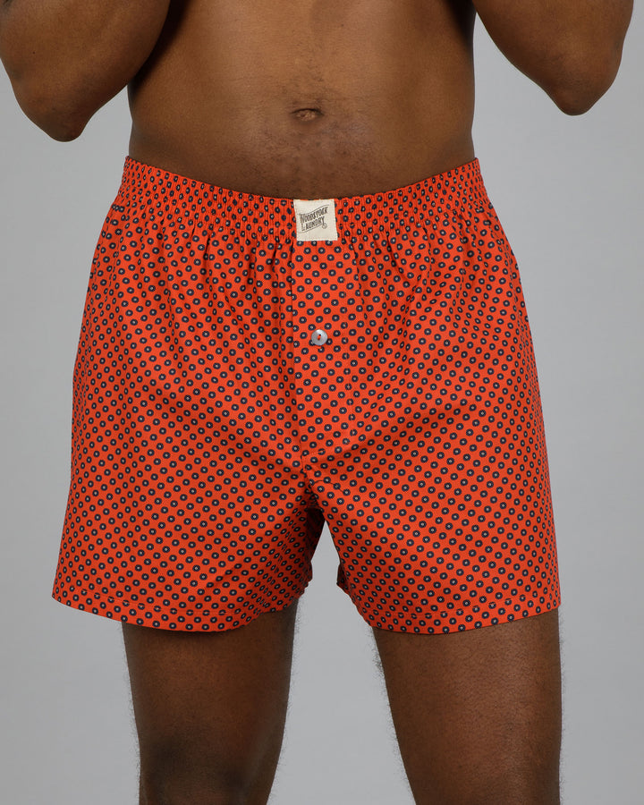 Mens Boxer Shorts Poppy On Red Front - Woodstock Laundry