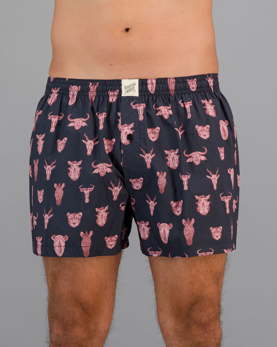 Mens Boxer Shorts Animal Heads Charcoal Front - Woodstock Laundry