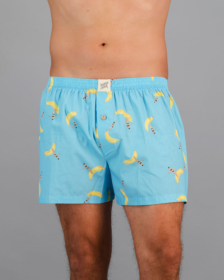 Mens Boxer Shorts Banana Boards Blue Front - Woodstock Laundry
