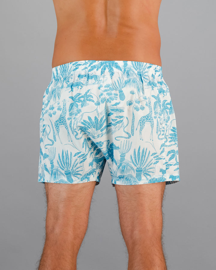Mens Boxer Shorts - Blue Mono Safari on White Back - Woodstock Laundry