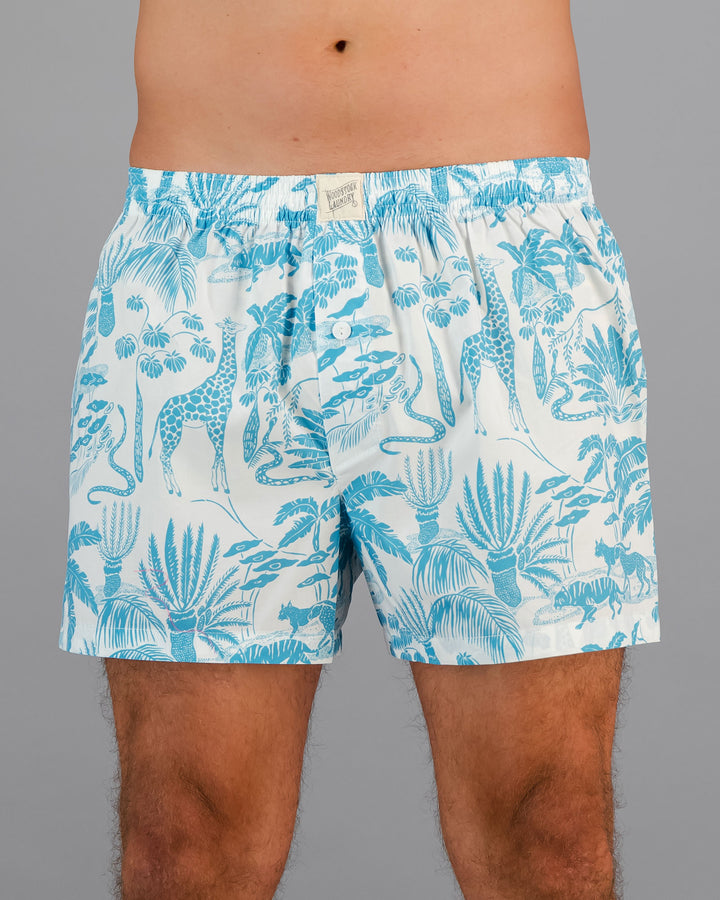 Mens Boxer Shorts - Blue Mono Safari on White Front - Woodstock Laundry
