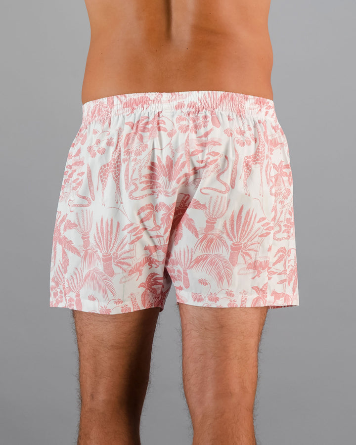 Mens Boxer Shorts - Pink Mono Safari on White Back - Woodstock Laundry