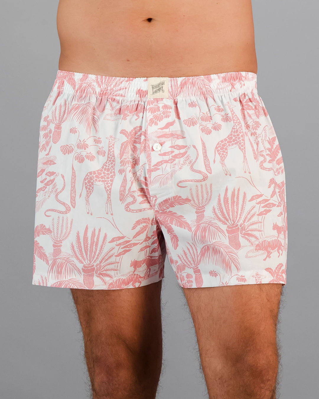 Mens Boxer Shorts Mono Safari Pink Front - Woodstock Laundry