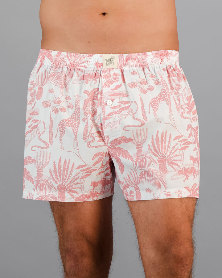 Mens Boxer Shorts - Pink Mono Safari on White Front - Woodstock Laundry