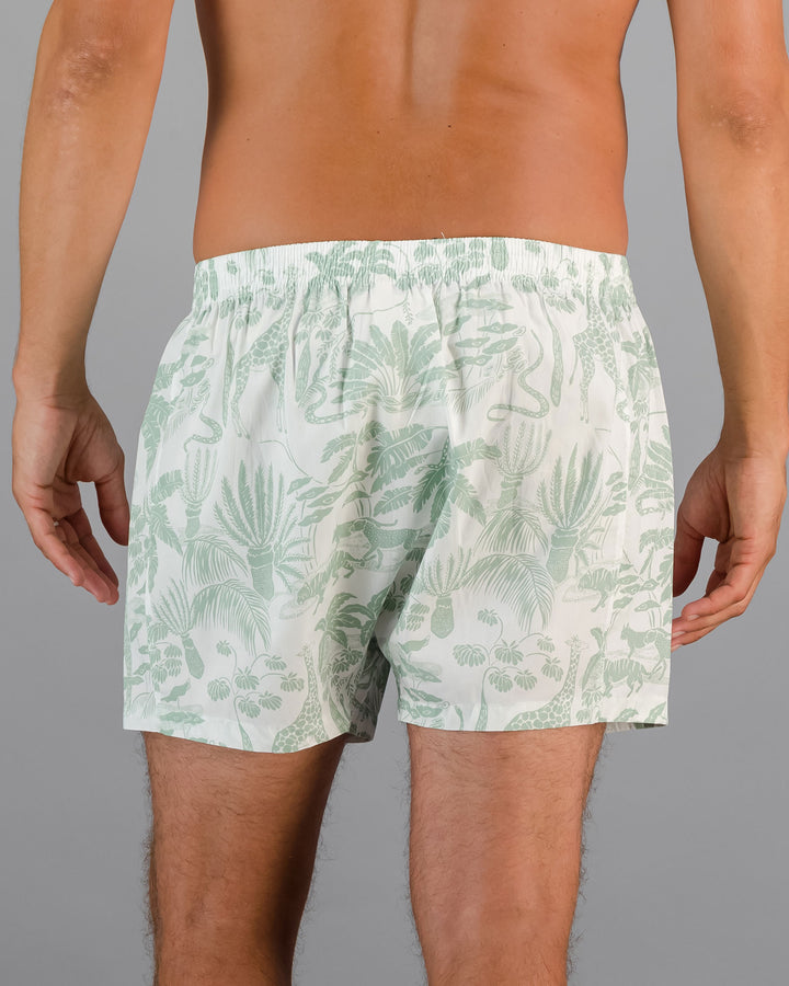 Mens Boxer Shorts - Sage Mono Safari on White Back - Woodstock Laundry