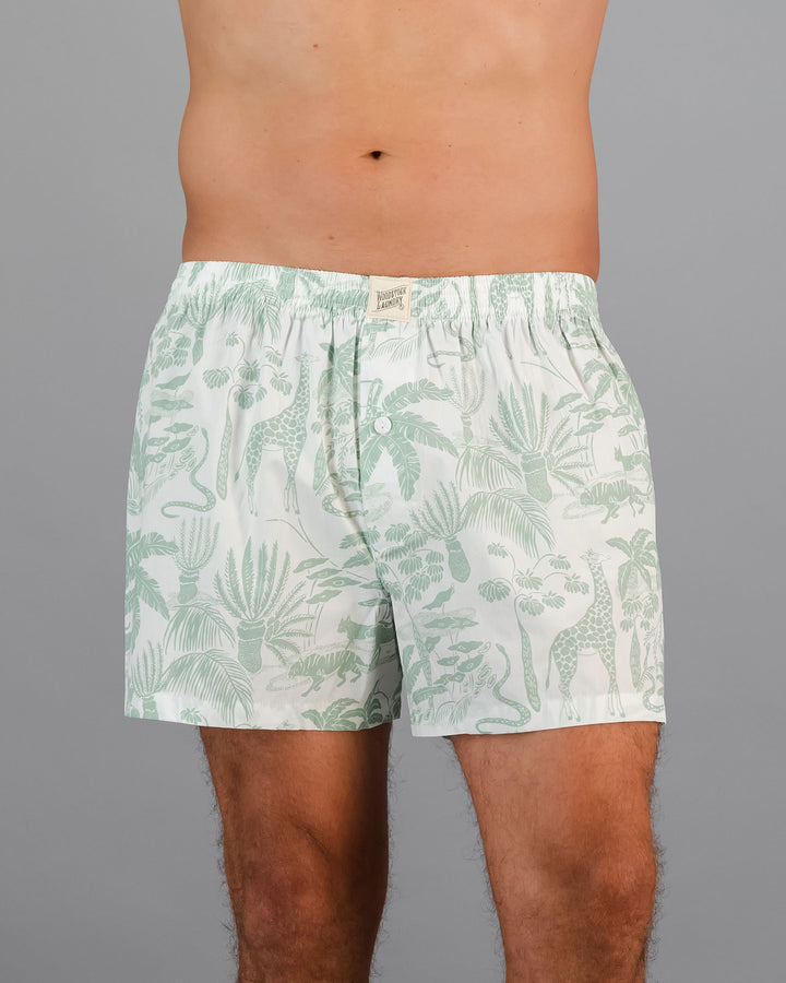 Mens Boxer Shorts - Sage Mono Safari on White Front - Woodstock Laundry