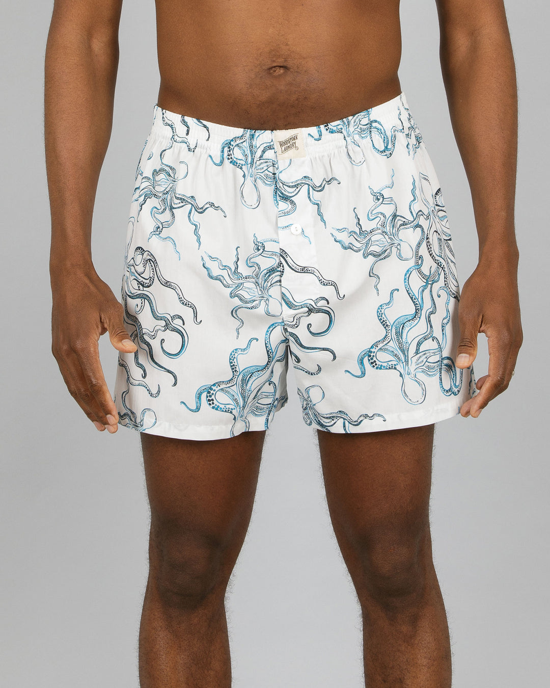 Mens Boxer Shorts Octopus Indigo Front - Woodstock Laundry