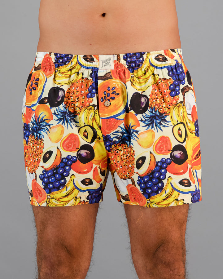 Mens Boxer Shorts - Tuti Fruti on Black Front - Woodstock Laundry