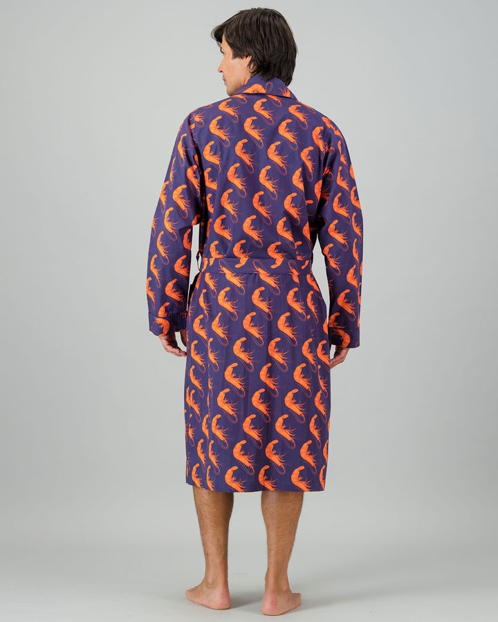 Mens Dressing Gown - Orange Ibiza Prawns Back - Woodstock Laundry