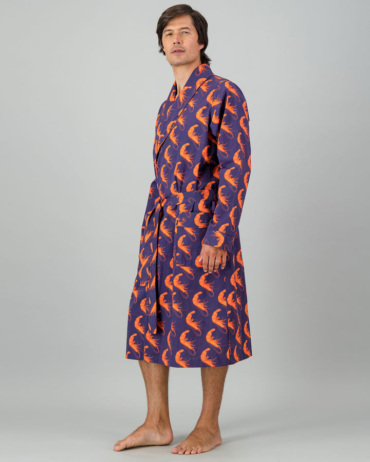 Mens Dressing Gown - Orange Ibiza Prawns Side - Woodstock Laundry