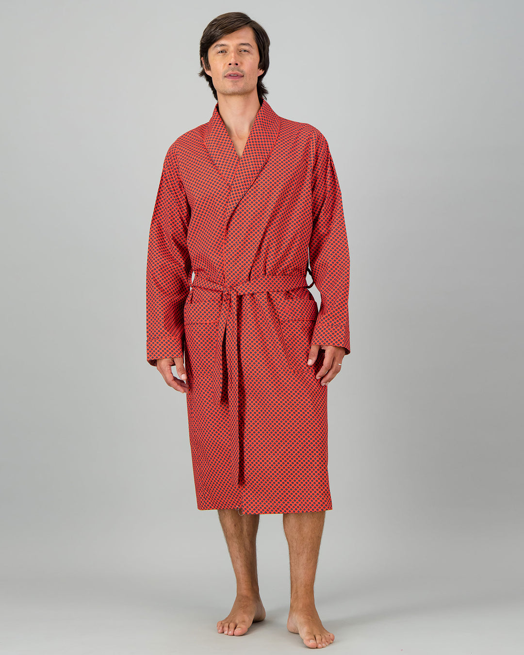 Mens Dressing Gown - Navy Poppy Circles Front - Woodstock Laundry