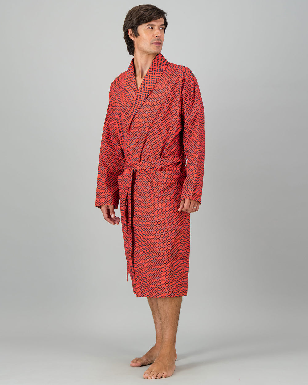 Mens Dressing Gown - Navy Poppy Circles Side - Woodstock Laundry