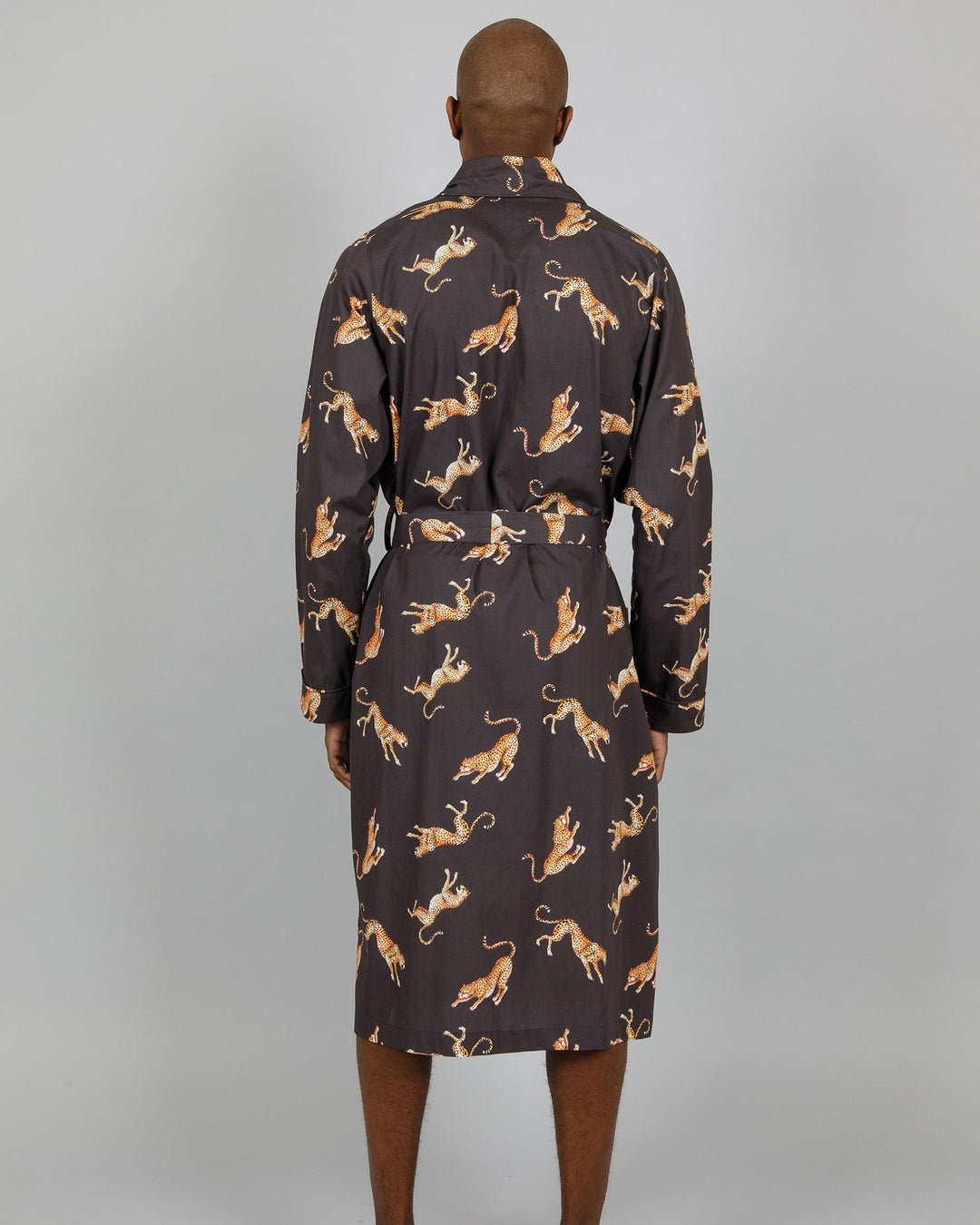 Mens Dressing Gown - Jumping Cheetah on Charcoal Back - Woodstock Laundry