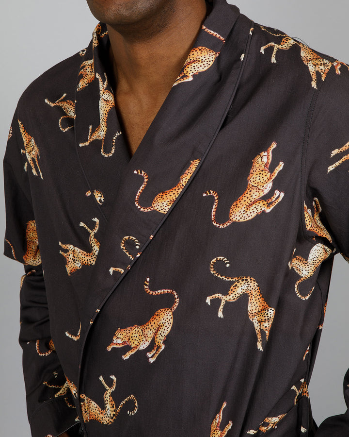 Mens Dressing Gown - Jumping Cheetah on Charcoal Close - Woodstock Laundry