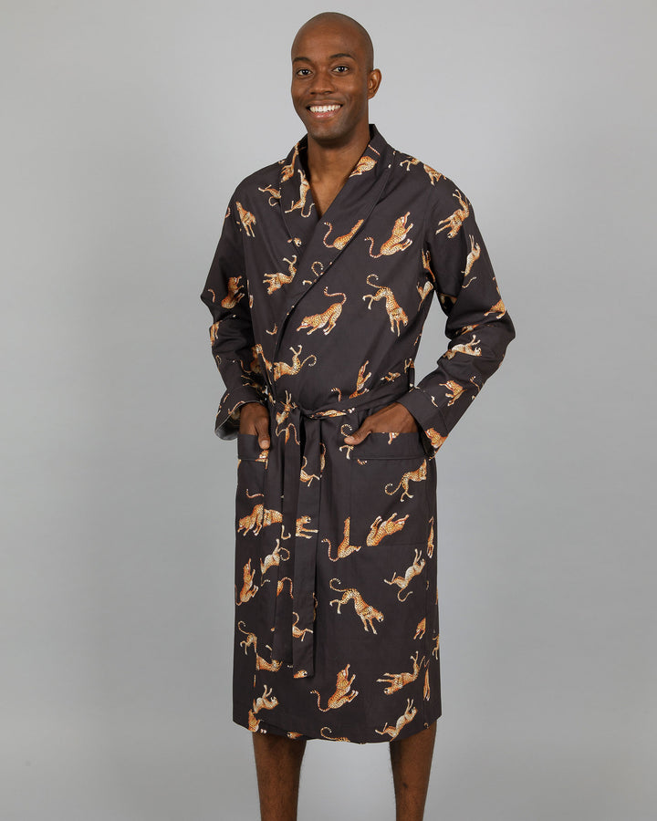 Mens Dressing Gown - Jumping Cheetah on Charcoal Front - Woodstock Laundry