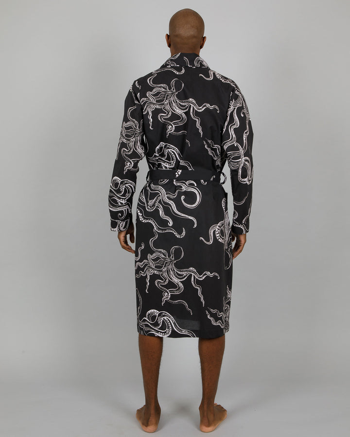 Mens Dressing Gown - White Octopus on Black Back - Woodstock Laundry