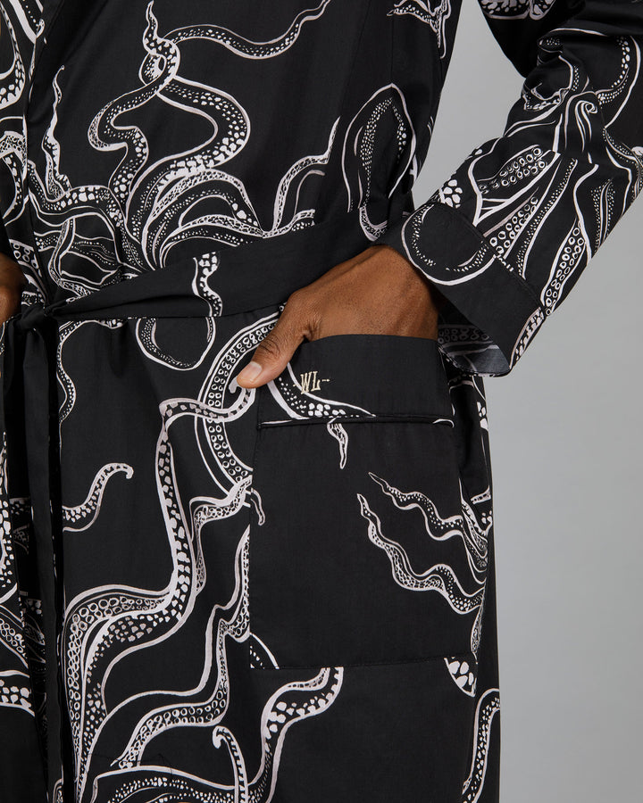 Mens Dressing Gown - White Octopus on Black Back - Woodstock Laundry