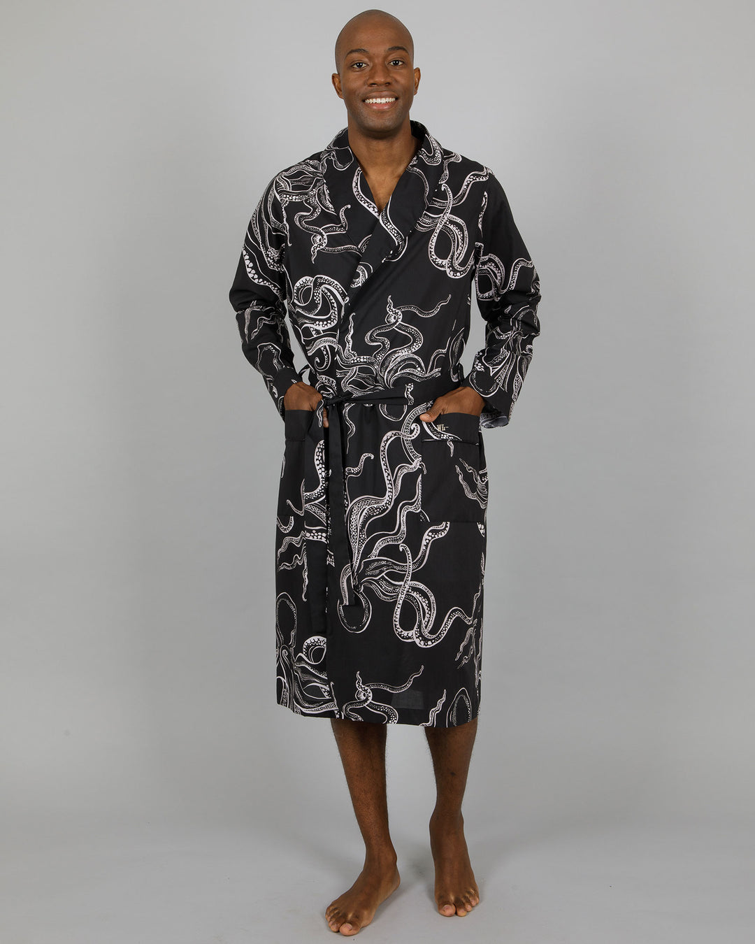 Mens Dressing Gown - White Octopus on Black Front - Woodstock Laundry