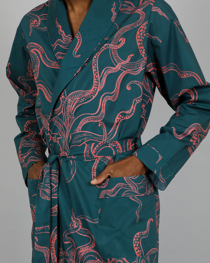 Mens Dressing Gown - Pink Octopus on Green Close - Woodstock Laundry