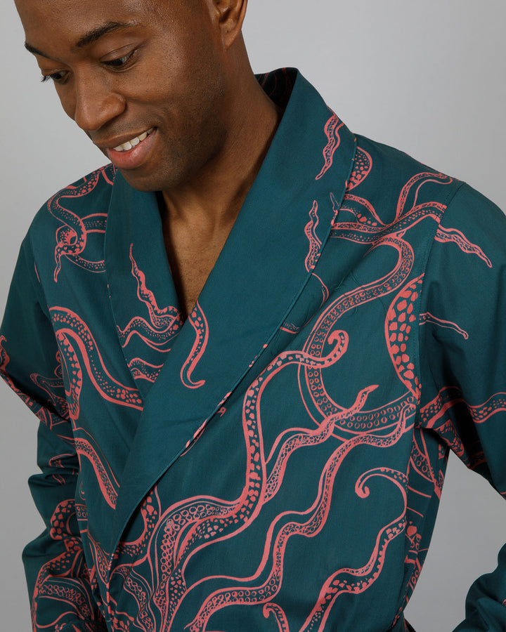 Mens Dressing Gown - Pink Octopus on Green Close - Woodstock Laundry
