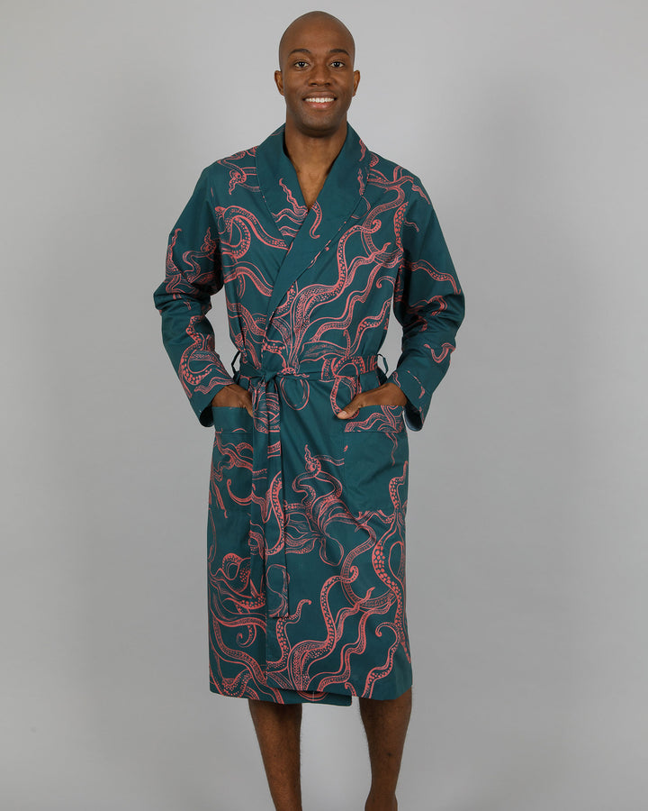 Mens Dressing Gown - Pink Octopus on Green Front - Woodstock Laundry