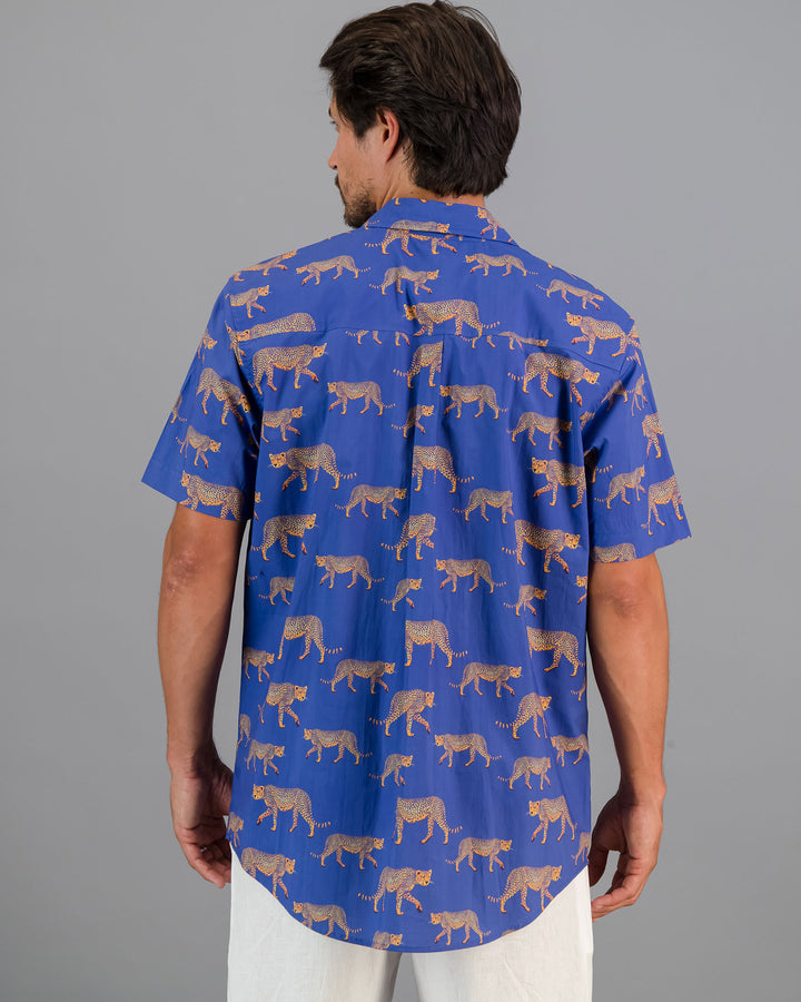 Mens Holiday Shirt Blue Cheetahs Back - Woodstock Laundry