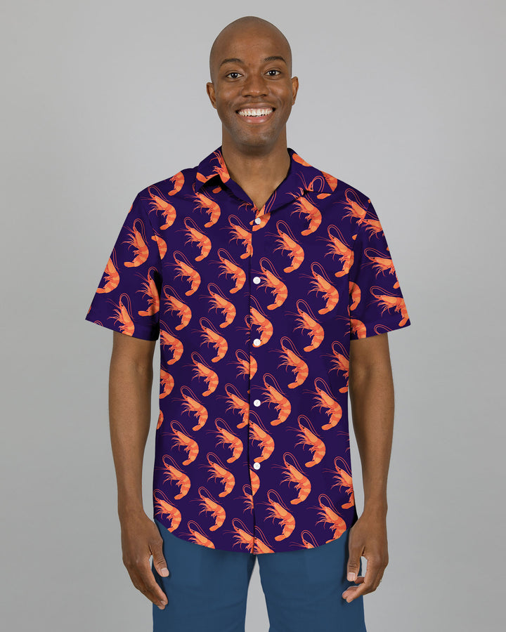 Mens Holiday Shirt - Orange Ibiza Prawns on Navy Front - Woodstock Laundry