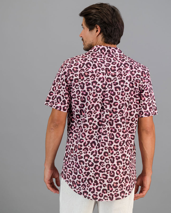 Mens Holiday Shirt - Leopard Skin on Pink Back - Woodstock Laundry