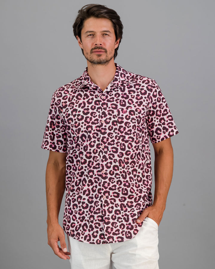 Mens Holiday Shirt - Leopard Skin on Pink Front - Woodstock Laundry