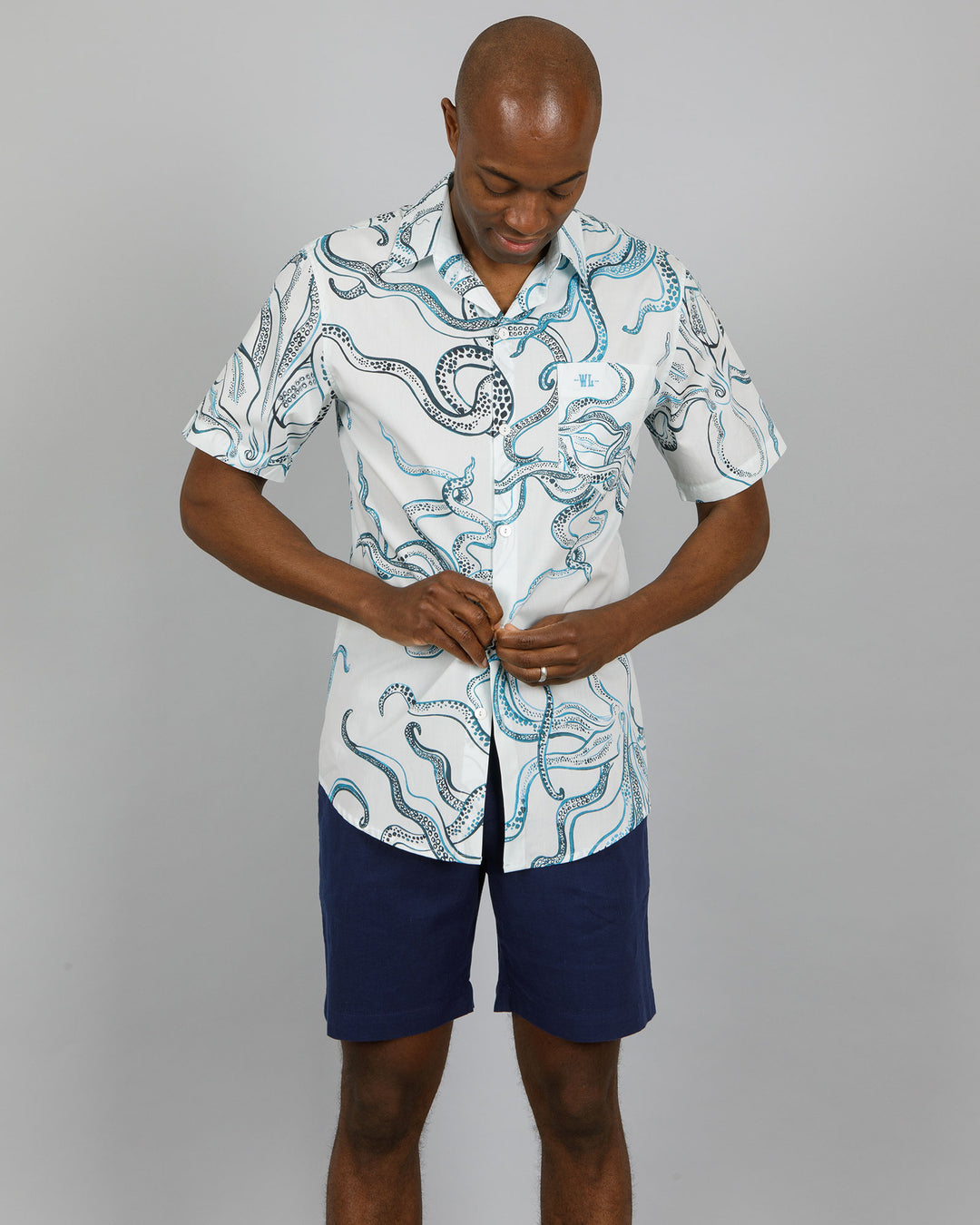 Mens Holiday Shirt - Indigo Octopus on White Front - Woodstock Laundry