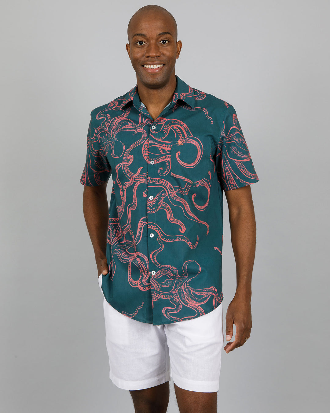 Mens Holiday Shirt Octopus Pink Front - Woodstock Laundry